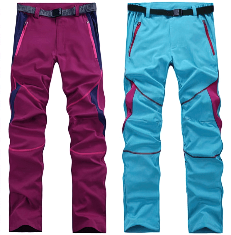 Women's breathable quick-drying hiking pants in purple and blue, featuring windproof Drytek technology, perfect for outdoor adventures.